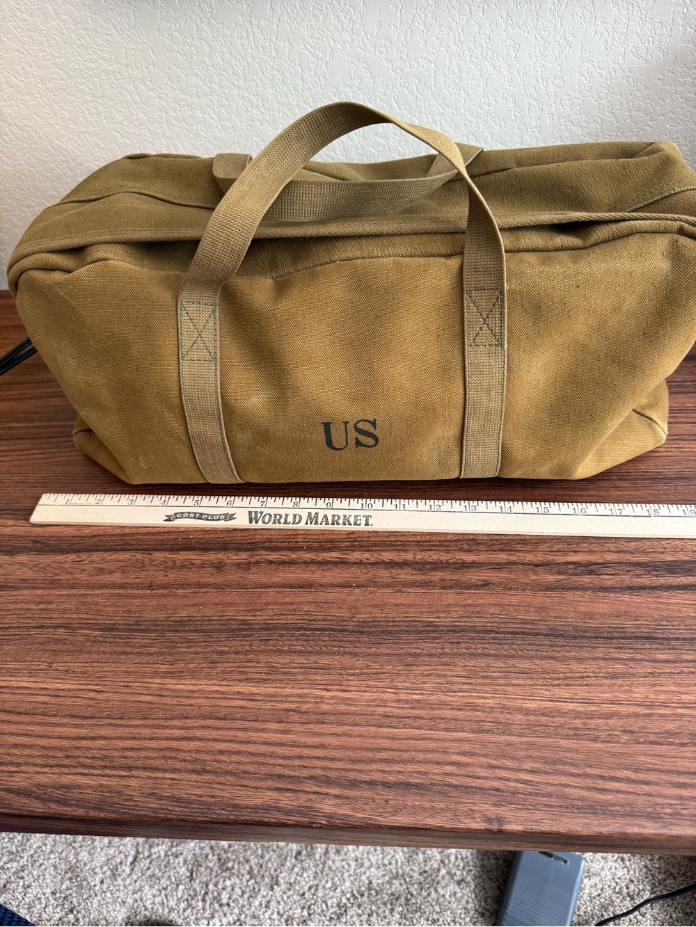 Vintage US Stencil Canvas Duffel Bag EMAR Metal Zipper Olive Tan